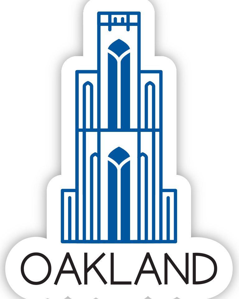 Sticker with illustration of the cathedral of learning and caption Oakland