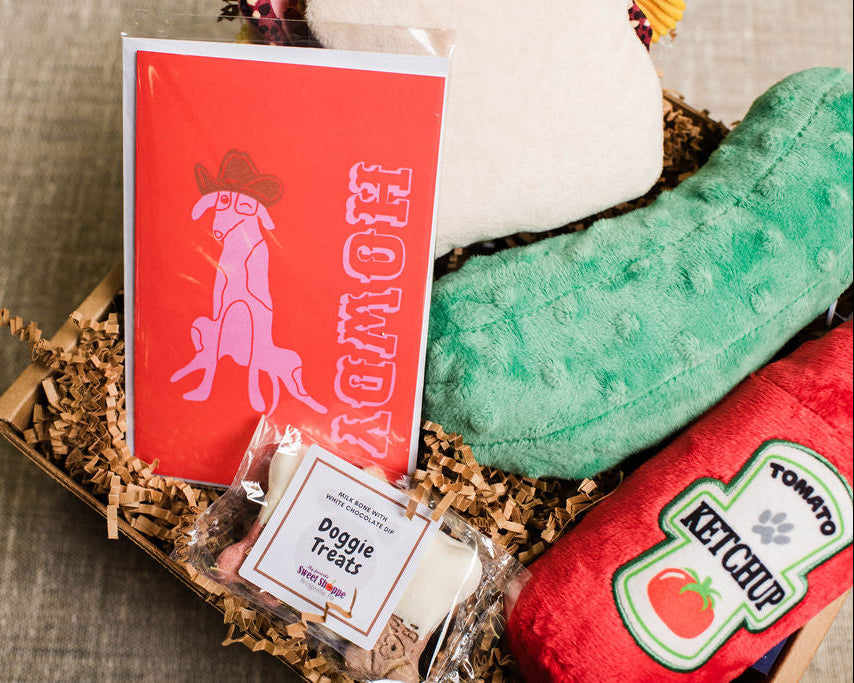 Dog toy set with a red card featuring a dog illustration on a textured surface