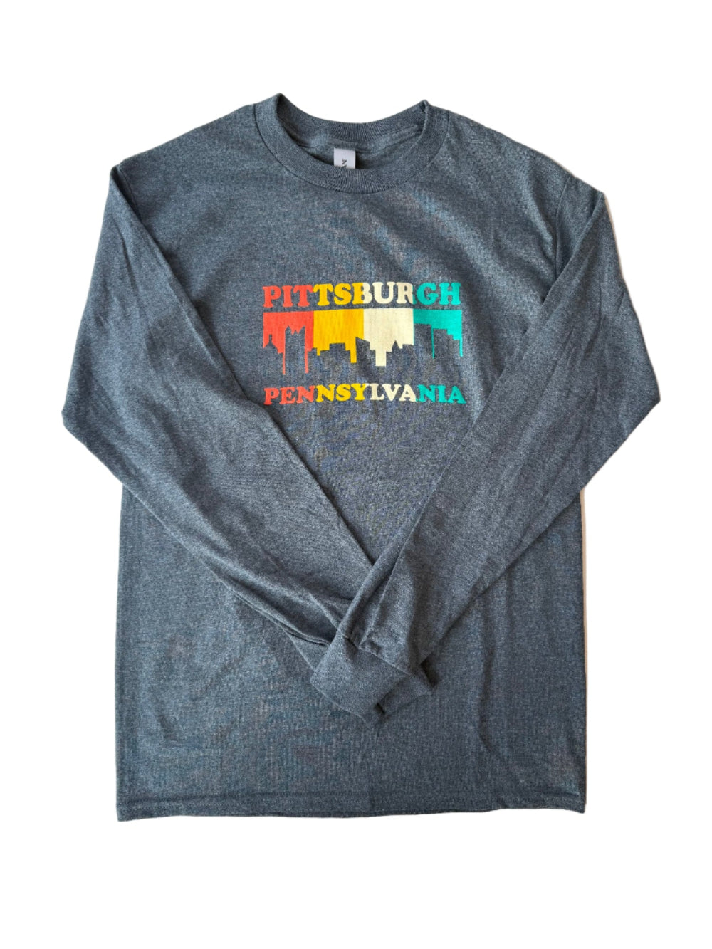 Dark gray long-sleeve shirt with colorful 'Pittsburgh Pennsylvania' design on a white surface.
