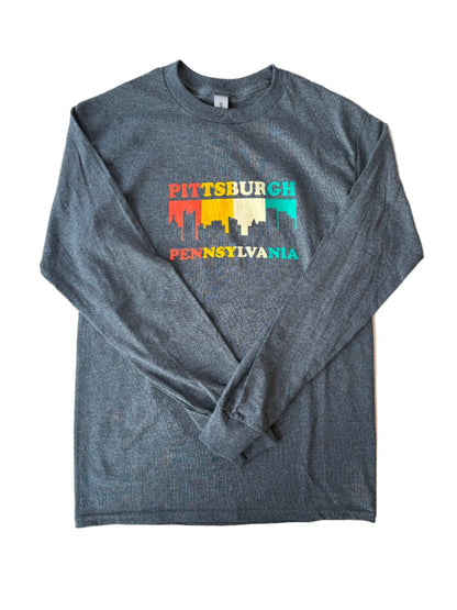 Dark gray long-sleeve shirt with colorful 'Pittsburgh Pennsylvania' design on a white surface.