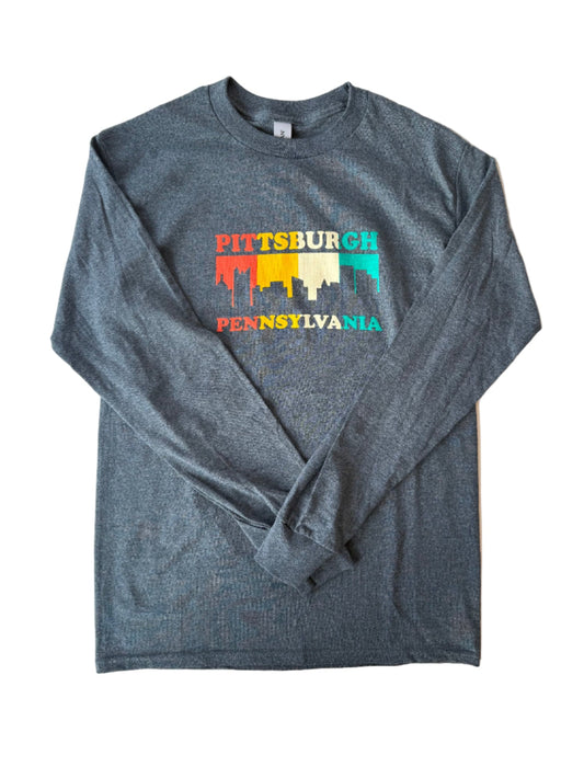 Dark gray long-sleeve shirt with colorful 'Pittsburgh Pennsylvania' design on a white surface.