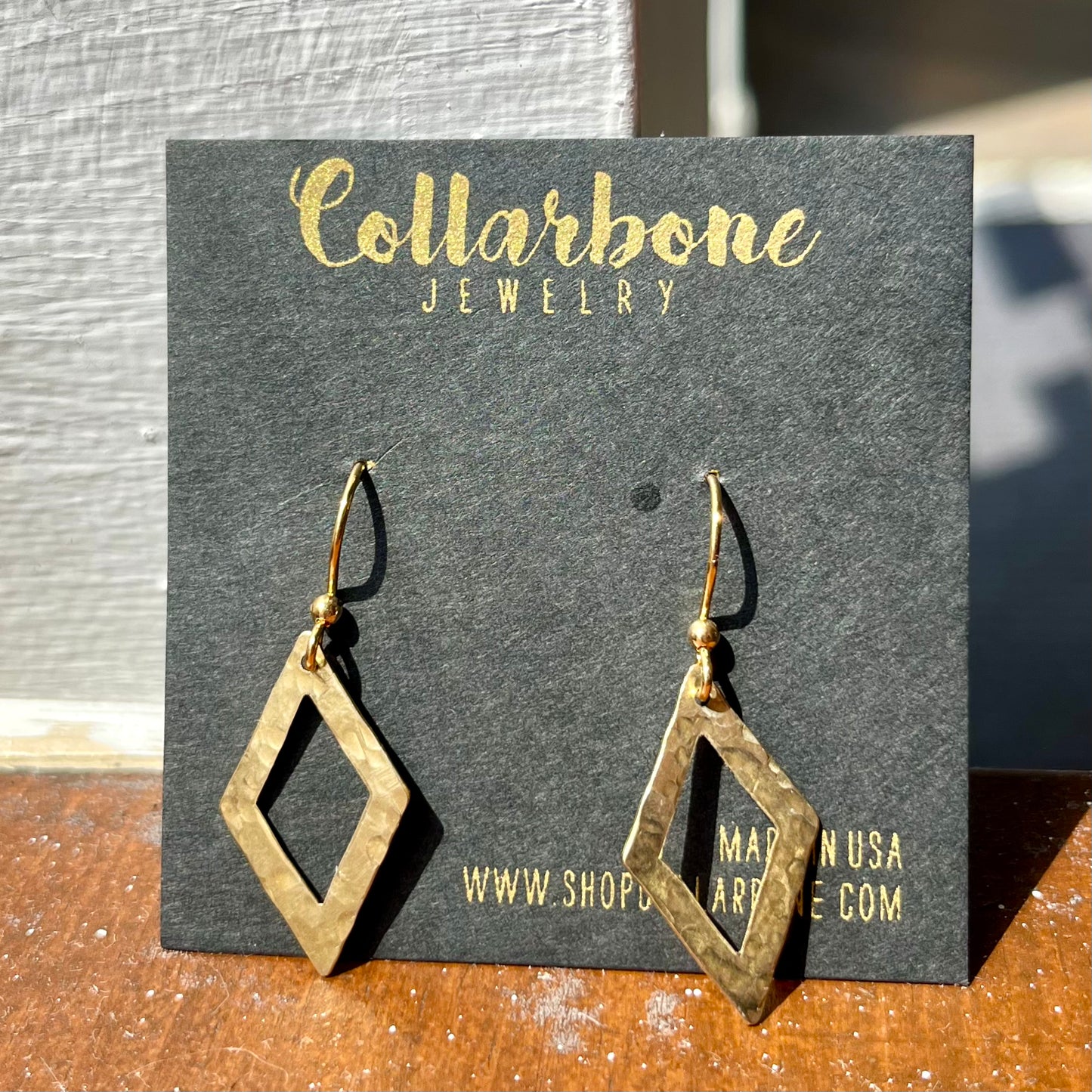 Brass Hammered Open Diamond Earrings