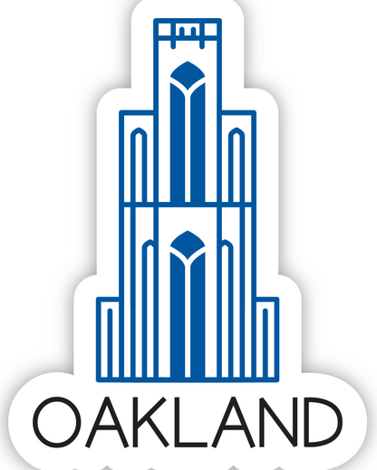 Sticker with illustration of the cathedral of learning and caption Oakland