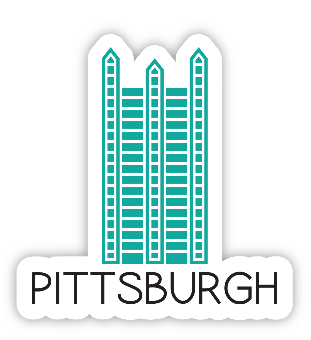 Sticker with illustration of the PPG building with Pittsburgh caption 