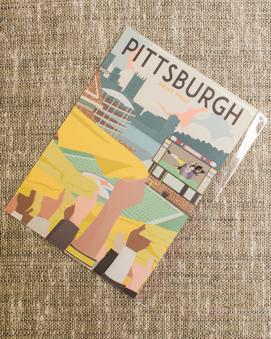 steelers Postcard with 'Pittsburgh' text on a textured fabric background