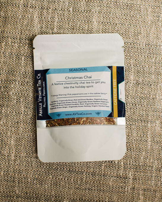 christmas chai Tea package with a label on a textured fabric background