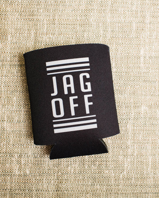 Black can cooler koozie with 'JAG OFF' text on a beige textured background