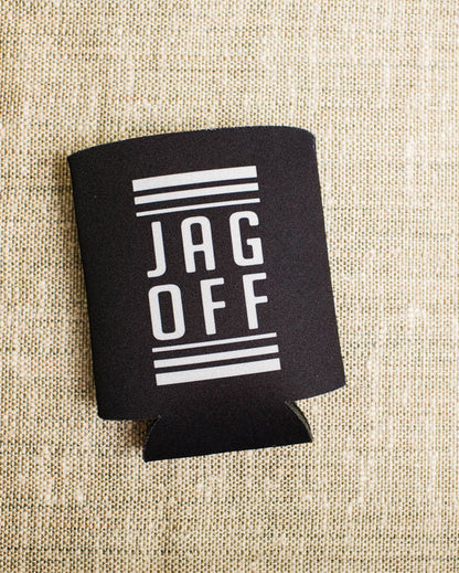 Black can cooler koozie with 'JAG OFF' text on a beige textured background