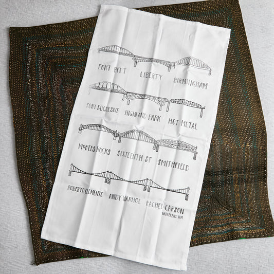 pittsburgh bridges illustrated on a white tea towel