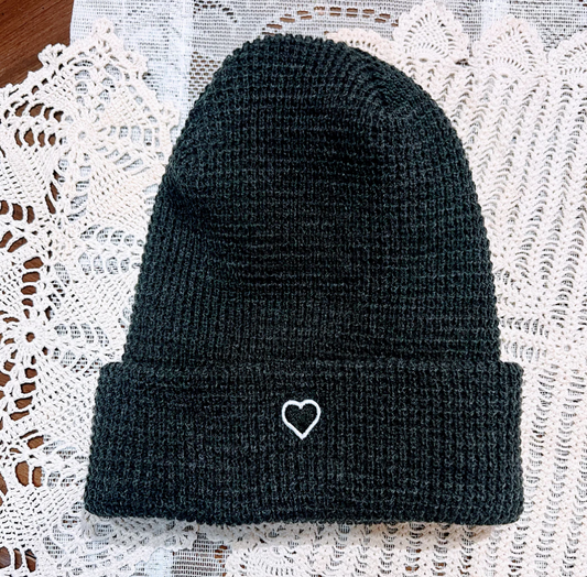 Heart Patch Waffle Beanie - Charcoal