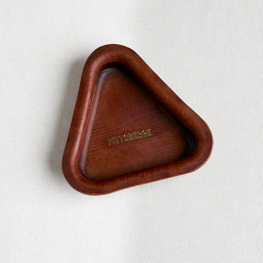 brown leather triangle tray with embossed gold "pittsburgh"