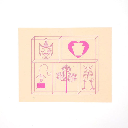 Riscograph print in neon pink on creamsicle paper, images of a tea bag, cat, tree, champagne glasses, 8" x 10" 